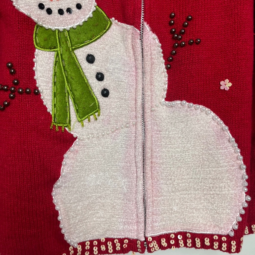 VTG 90s Red Snowman Beaded Sequin Zipper Holiday Christmas Sweater Jacket XL 1X - Picture 3 of 5